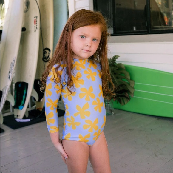 Girls Of One Sea Light Swimsuit - Blue Plumeria Long Sleeve Zip Up - Picture 2 of 3
